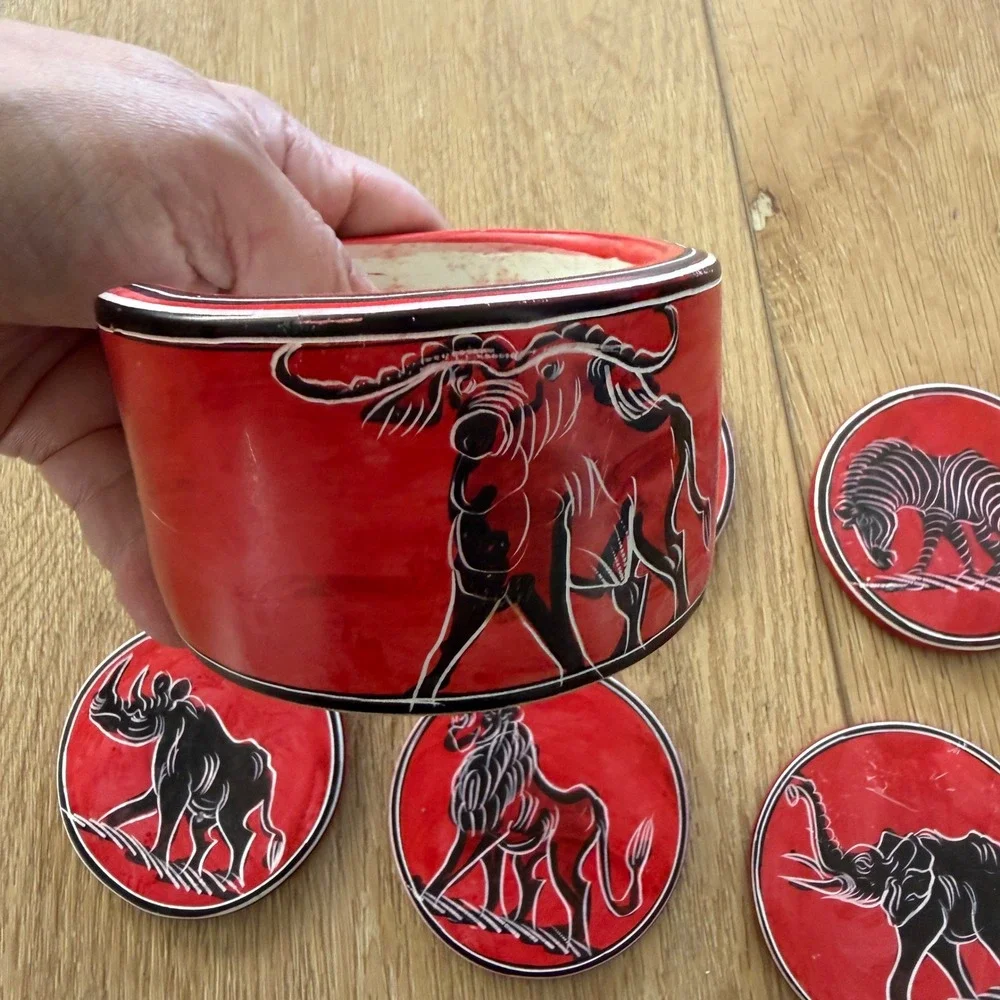 African Soapstone Coaster Set of 6 with Holder Red Black Etched Safari Animals